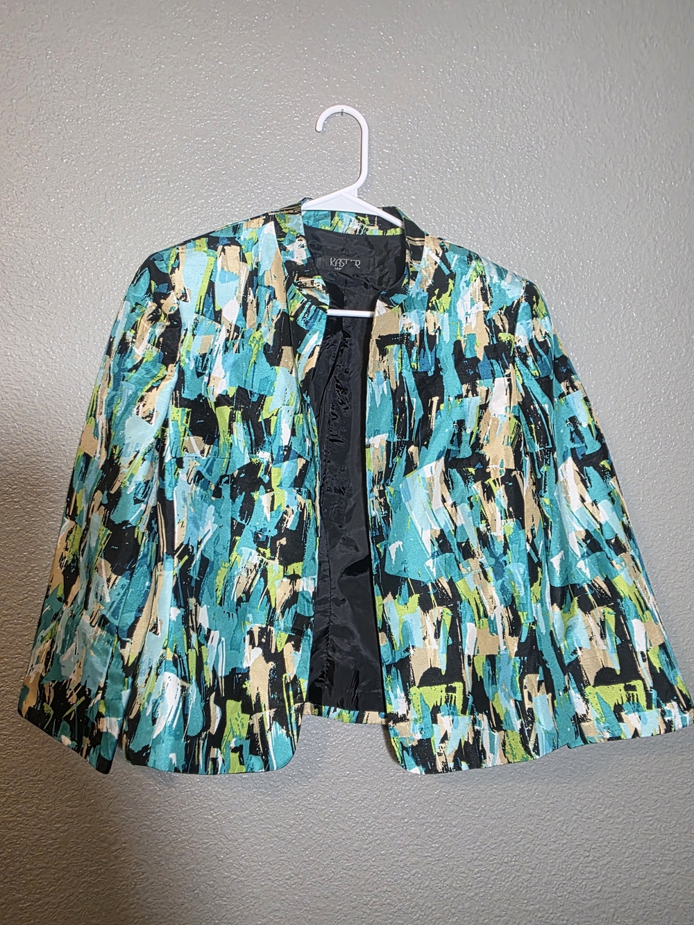 Kasper Teal Black Cream & Lime Abstract Open-Front Blazer